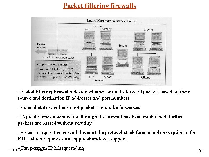 Packet filtering firewalls –Packet filtering firewalls decide whether or not to forward packets based