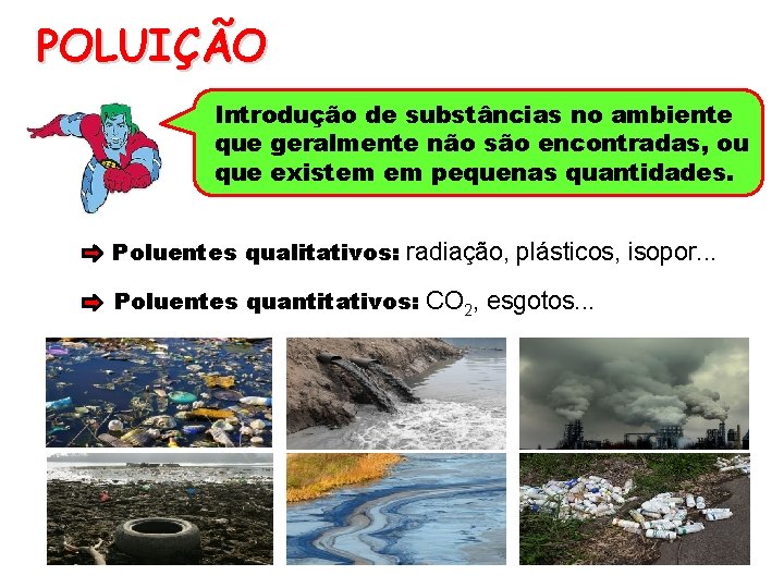 POLUIÇÃO Introdução de substâncias no ambiente que geralmente não são encontradas, ou que existem