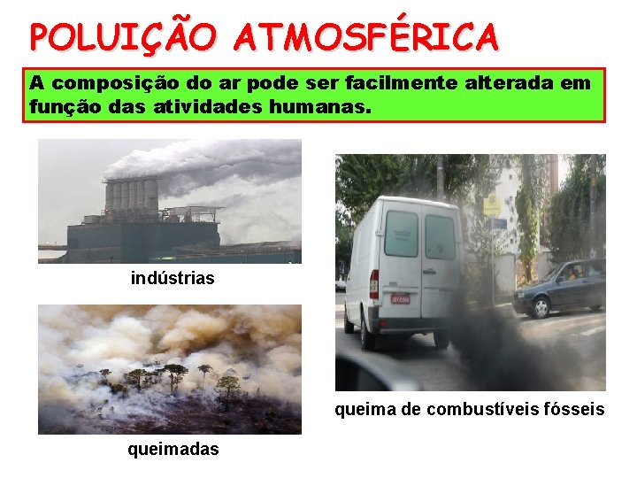 POLUIÇÃO ATMOSFÉRICA A composição do ar pode ser facilmente alterada em função das atividades