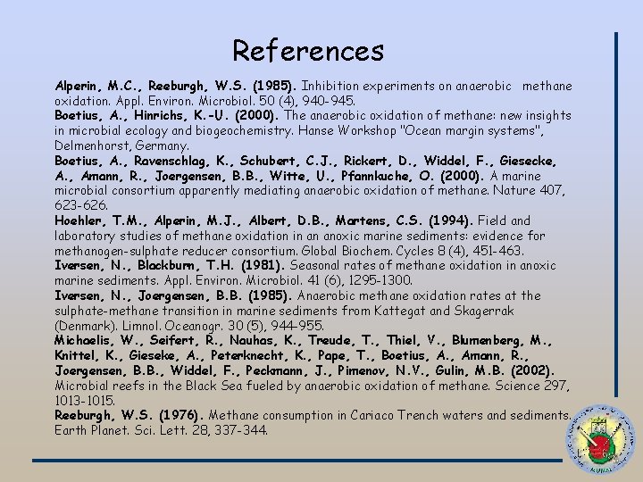 References Alperin, M. C. , Reeburgh, W. S. (1985). Inhibition experiments on anaerobic methane