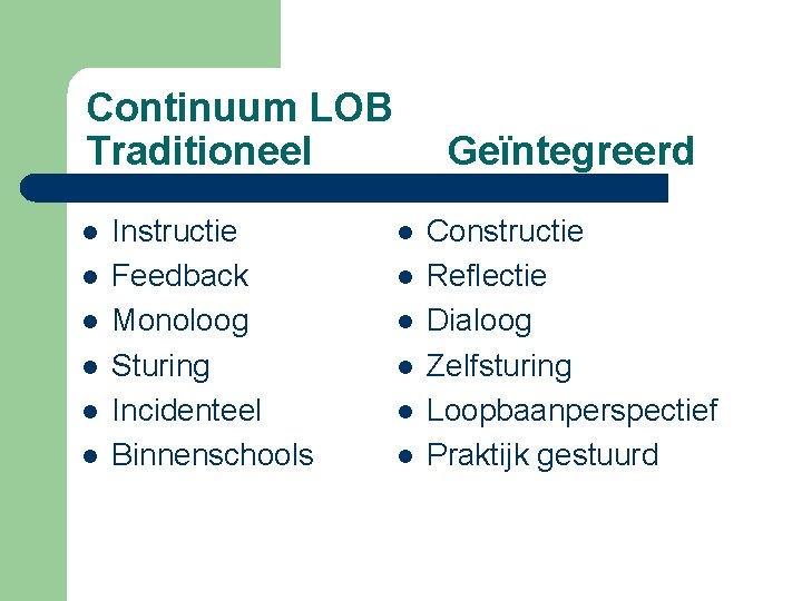 Continuum LOB Traditioneel l l l Instructie Feedback Monoloog Sturing Incidenteel Binnenschools Geïntegreerd l