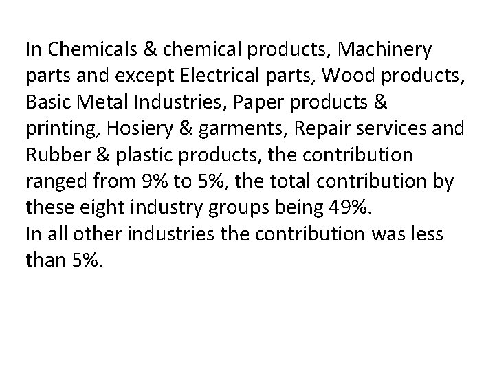 In Chemicals & chemical products, Machinery parts and except Electrical parts, Wood products, Basic