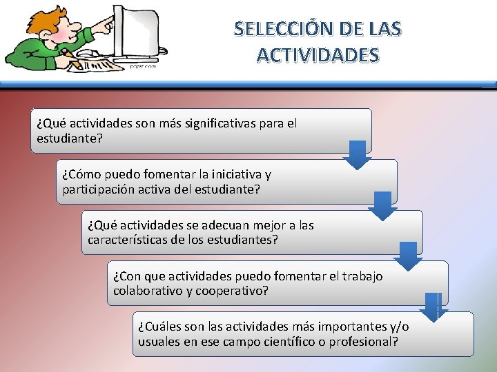 SELECCIÓN DE LAS ACTIVIDADES ¿Qué actividades son más significativas para el estudiante? ¿Cómo puedo