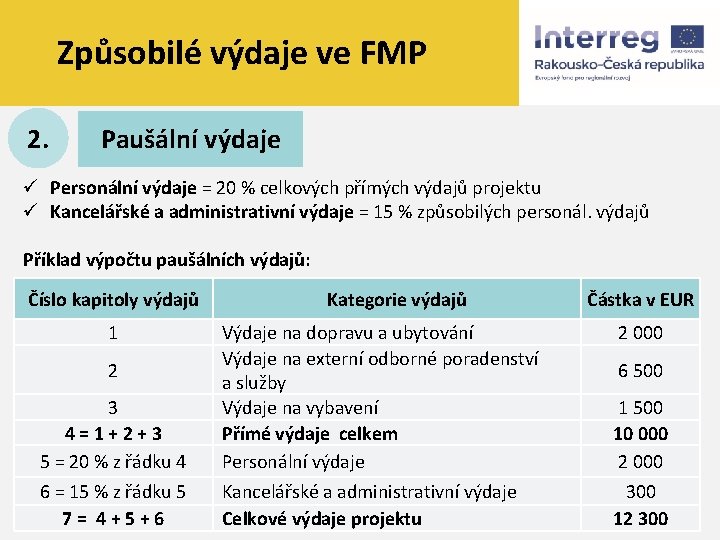 Způsobilé výdaje ve FMP 2. Paušální výdaje ü Personální výdaje = 20 % celkových