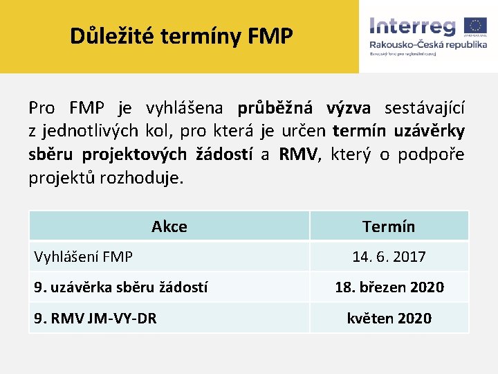 Důležité termíny FMP Pro FMP je vyhlášena průběžná výzva sestávající z jednotlivých kol, pro