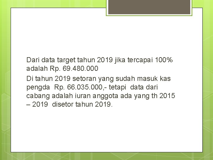 Dari data target tahun 2019 jika tercapai 100% adalah Rp. 69. 480. 000 Di