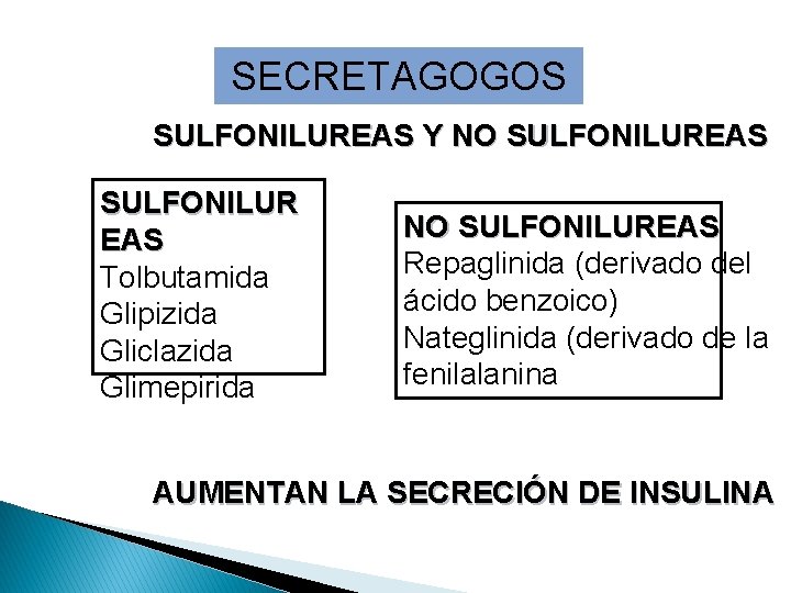 SECRETAGOGOS SULFONILUREAS Y NO SULFONILUREAS SULFONILUR EAS Tolbutamida Glipizida Gliclazida Glimepirida NO SULFONILUREAS Repaglinida