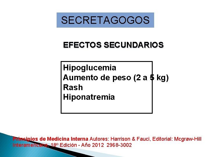 SECRETAGOGOS EFECTOS SECUNDARIOS Hipoglucemia Aumento de peso (2 a 5 kg) Rash Hiponatremia Principios