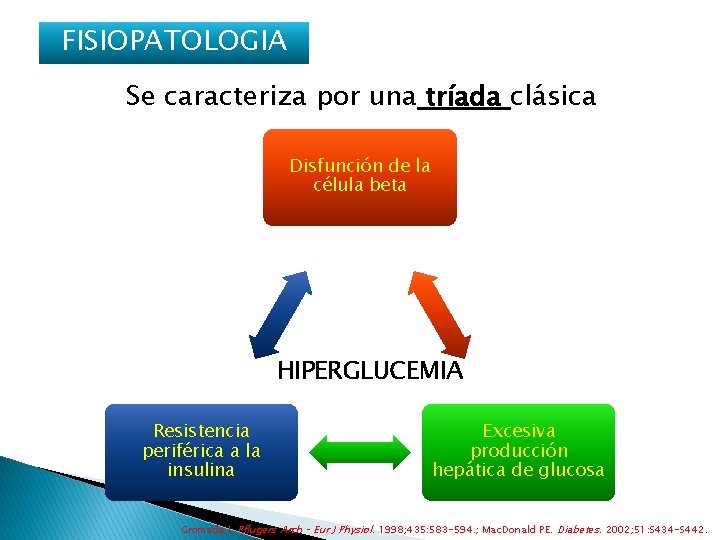 FISIOPATOLOGIA Se caracteriza por una tríada clásica Disfunción de la célula beta HIPERGLUCEMIA Resistencia