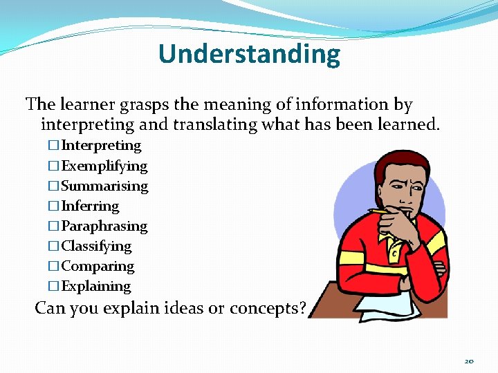 Understanding The learner grasps the meaning of information by interpreting and translating what has