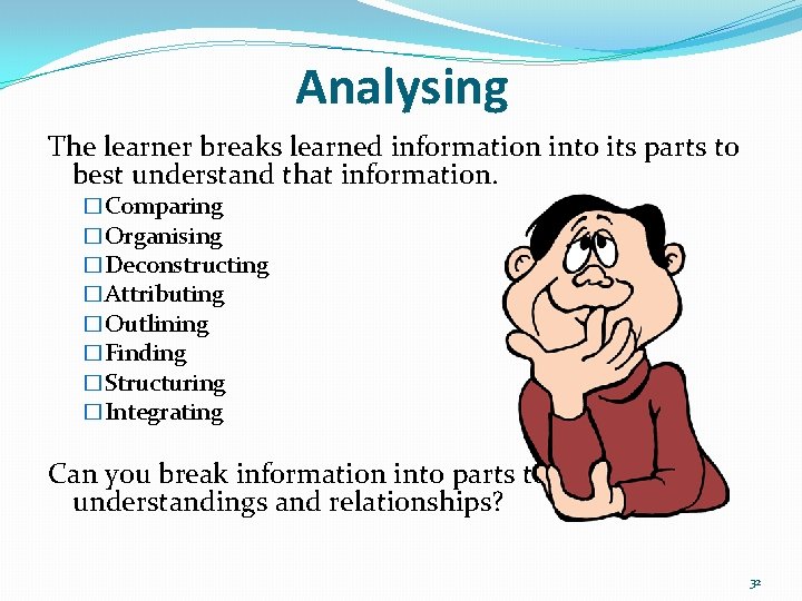 Analysing The learner breaks learned information into its parts to best understand that information.