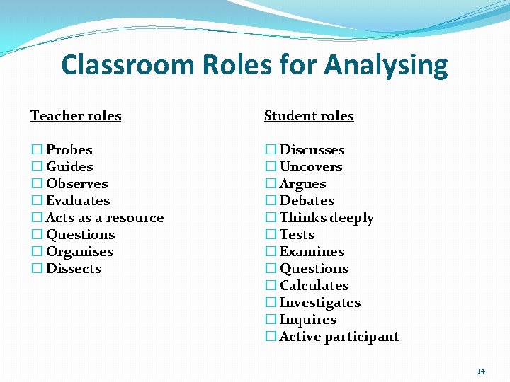 Classroom Roles for Analysing Teacher roles Student roles � Probes � Guides � Observes