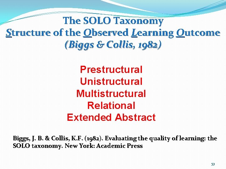 The SOLO Taxonomy Structure of the Observed Learning Outcome (Biggs & Collis, 1982) Prestructural