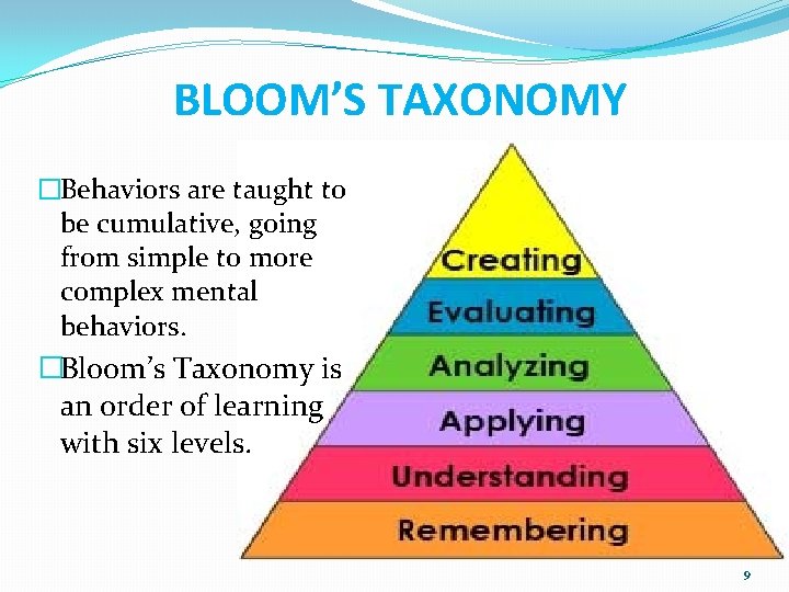 BLOOM’S TAXONOMY �Behaviors are taught to be cumulative, going from simple to more complex