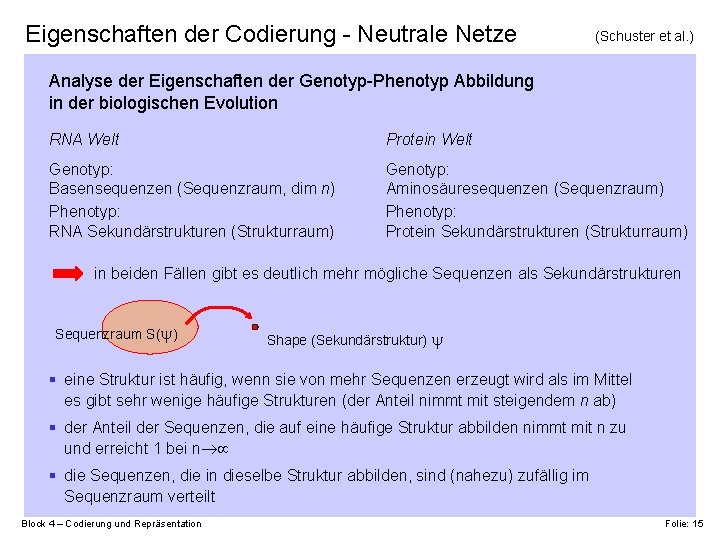 Eigenschaften der Codierung - Neutrale Netze (Schuster et al. ) Analyse der Eigenschaften der