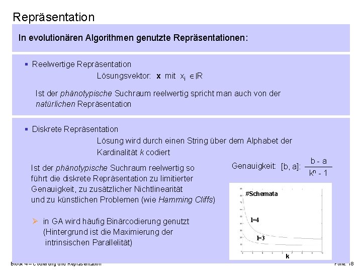 Repräsentation In evolutionären Algorithmen genutzte Repräsentationen: § Reelwertige Repräsentation Lösungsvektor: x mit xi R