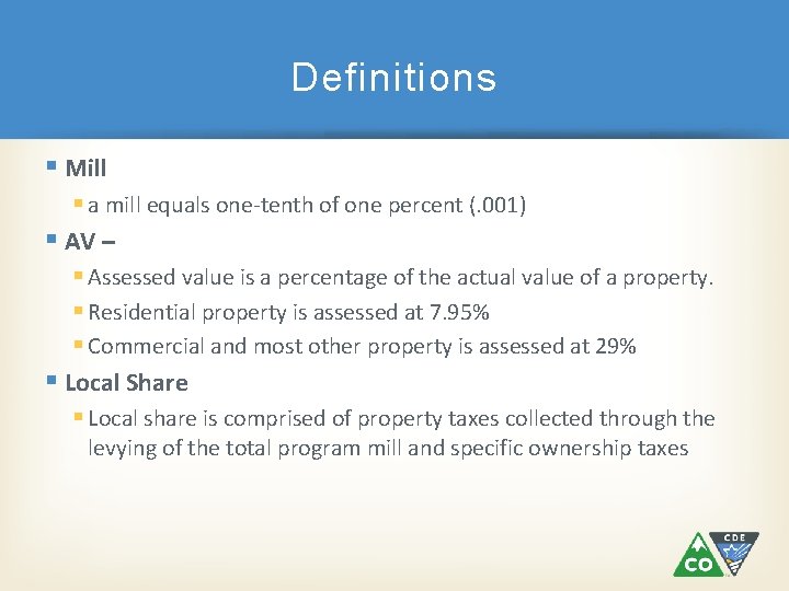 Definitions § Mill § a mill equals one-tenth of one percent (. 001) §