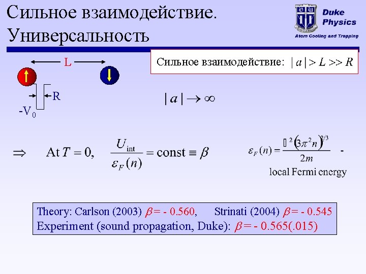 Сильное взаимодействие. Универсальность L Сильное взаимодействие: R -V 0 Theory: Carlson (2003) b =