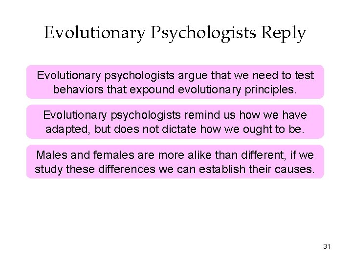 Evolutionary Psychologists Reply Evolutionary psychologists argue that we need to test behaviors that expound