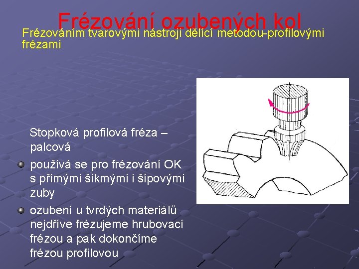 Frézování ozubených kol Frézováním tvarovými nástroji dělící metodou-profilovými frézami Stopková profilová fréza – palcová