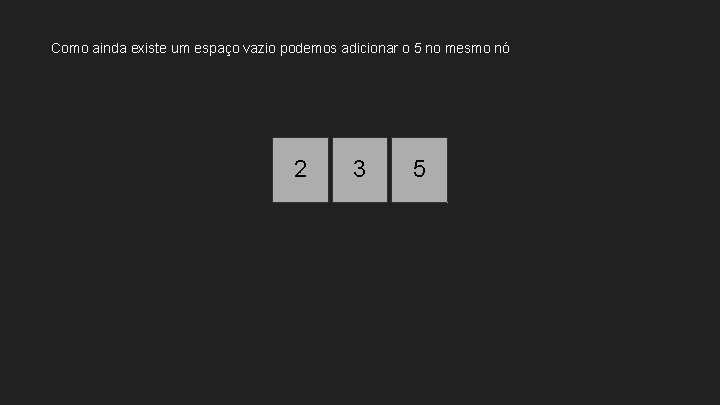 Como ainda existe um espaço vazio podemos adicionar o 5 no mesmo nó 2