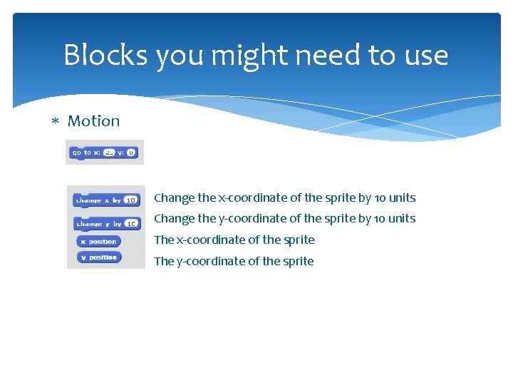 Blocks you might need to use Motion Change the x-coordinate of the sprite by