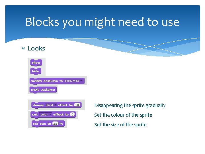 Blocks you might need to use Looks Disappearing the sprite gradually Set the colour