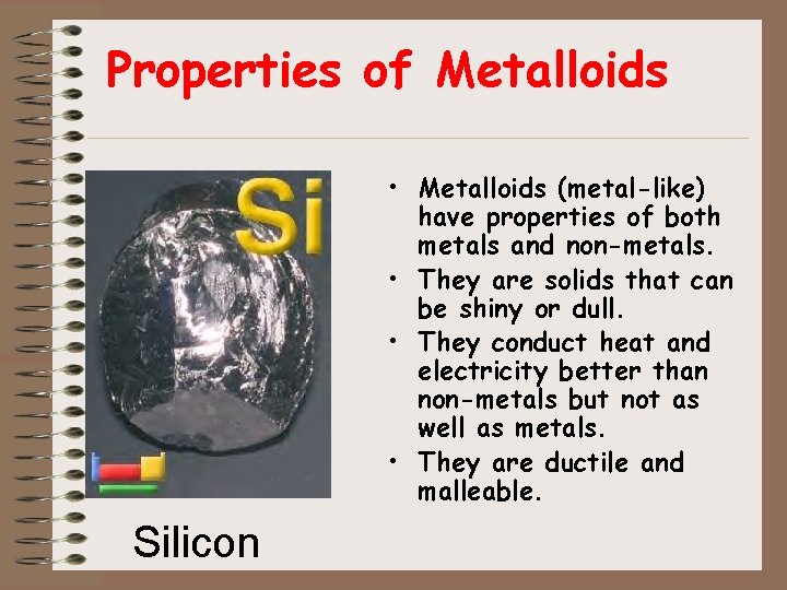Properties of Metalloids • Metalloids (metal-like) have properties of both metals and non-metals. •