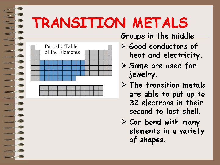 TRANSITION METALS Groups in the middle Ø Good conductors of heat and electricity. Ø
