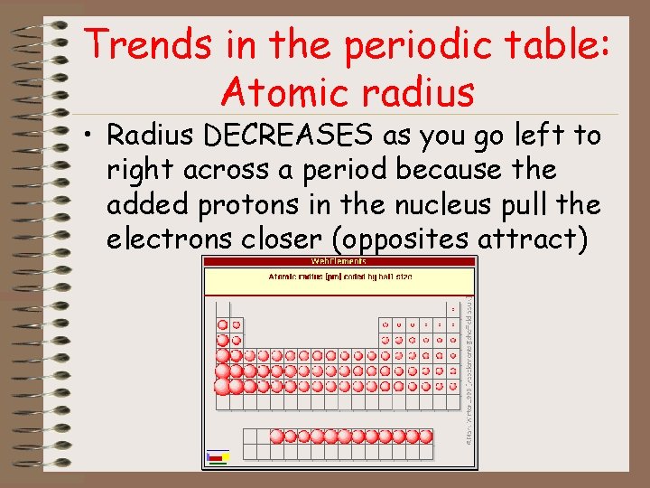 Trends in the periodic table: Atomic radius • Radius DECREASES as you go left
