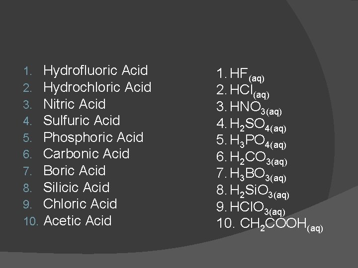 1. 2. 3. 4. 5. 6. 7. 8. 9. 10. Hydrofluoric Acid Hydrochloric Acid