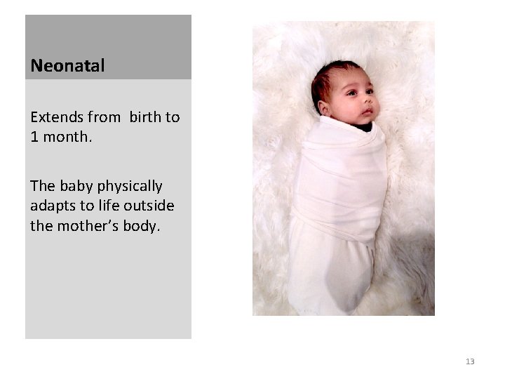 Neonatal Extends from birth to 1 month. The baby physically adapts to life outside