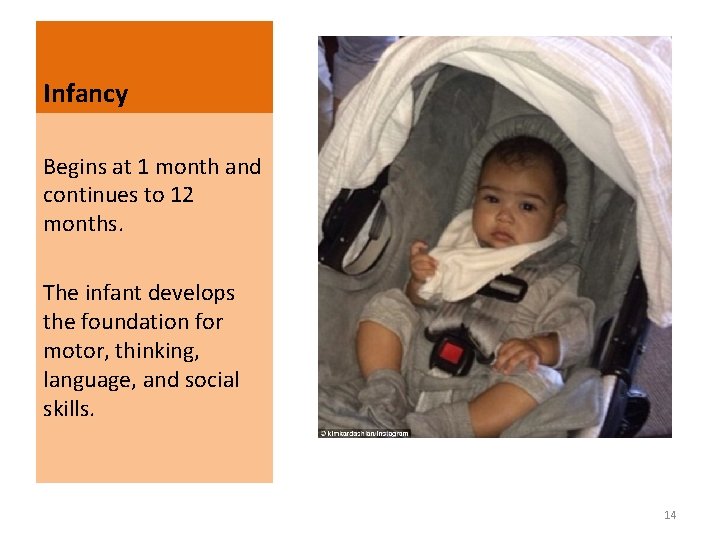 Infancy Begins at 1 month and continues to 12 months. The infant develops the