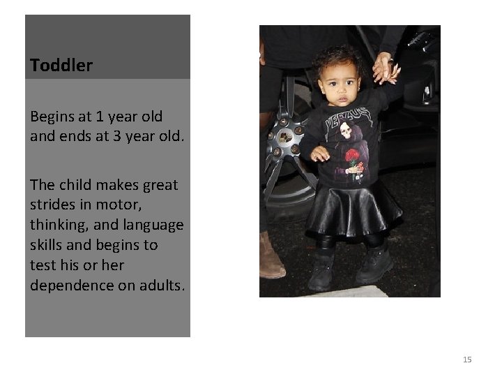 Toddler Begins at 1 year old and ends at 3 year old. The child