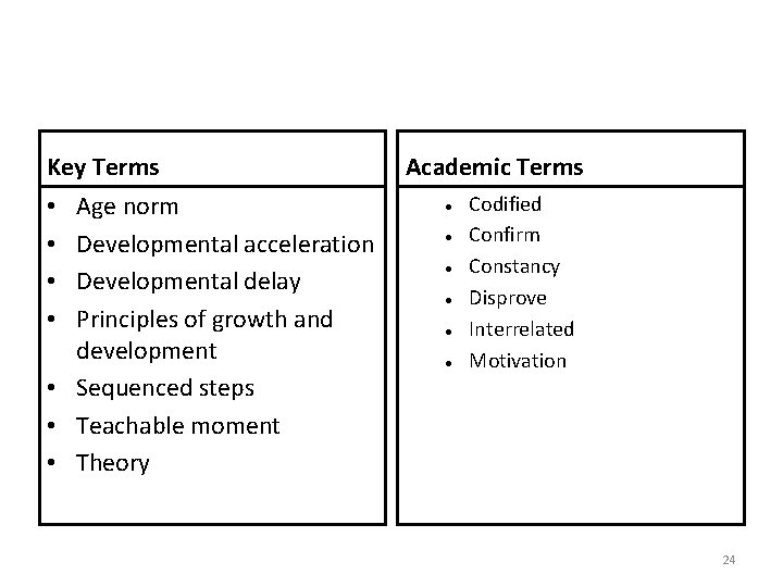 Key Terms Age norm Developmental acceleration Developmental delay Principles of growth and development •