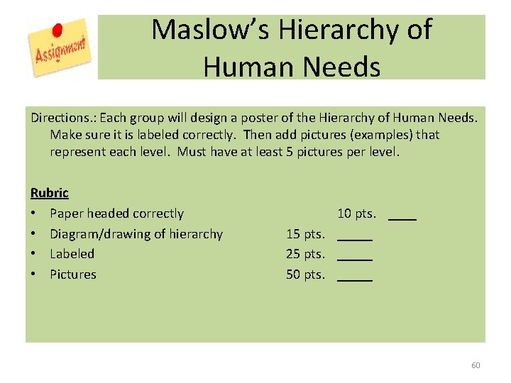 Maslow’s Hierarchy of Human Needs Directions. : Each group will design a poster of