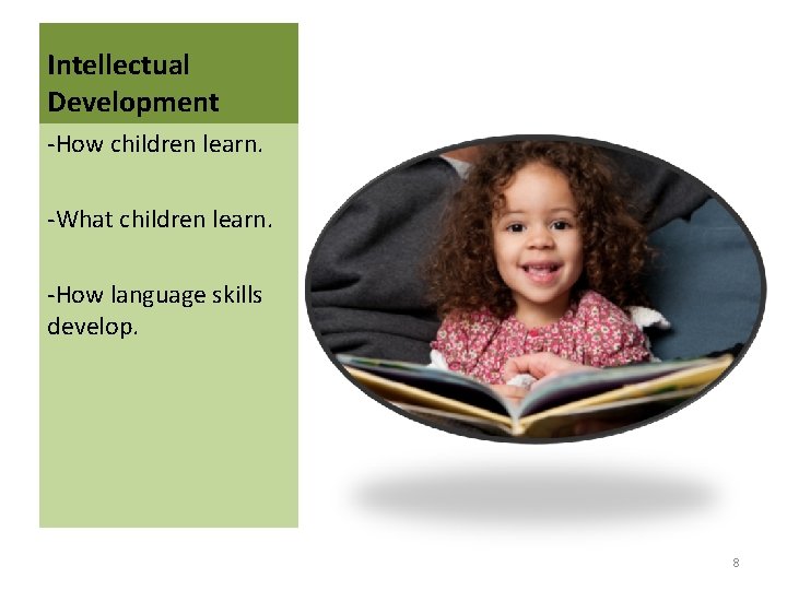 Intellectual Development -How children learn. -What children learn. -How language skills develop. 8 