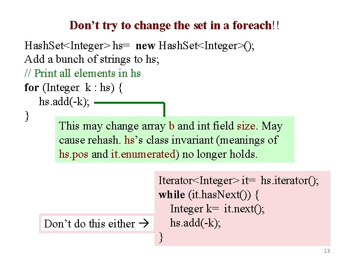 Don’t try to change the set in a foreach!! Hash. Set<Integer> hs= new Hash.