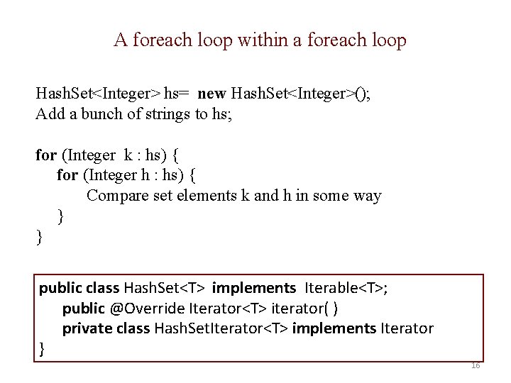 A foreach loop within a foreach loop Hash. Set<Integer> hs= new Hash. Set<Integer>(); Add