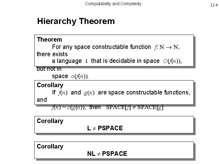 Computability and Complexity Hierarchy Theorem For any space constructable function f: N N, there