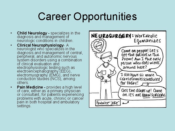 Career Opportunities • • • Child Neurology - specializes in the diagnosis and management