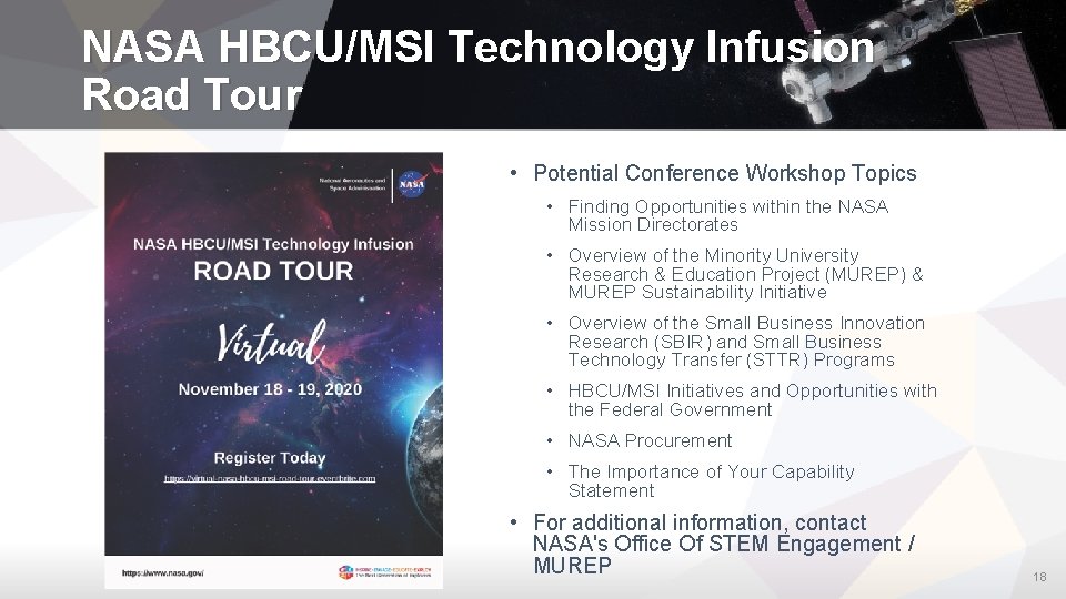 NASA HBCU/MSI Technology Infusion Road Tour • Potential Conference Workshop Topics • Finding Opportunities