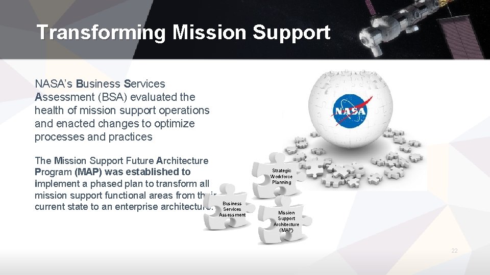 Transforming Mission Support NASA’s Business Services Assessment (BSA) evaluated the health of mission support