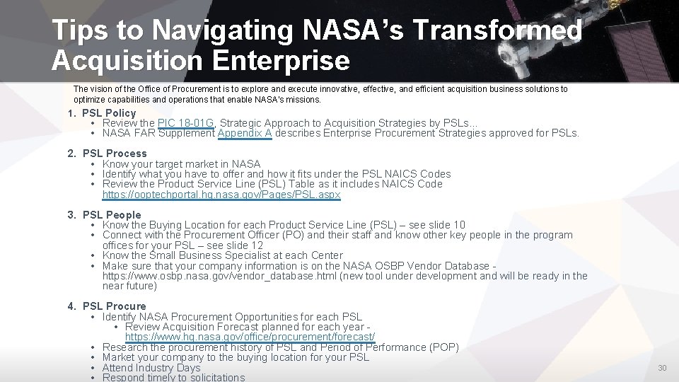 Tips to Navigating NASA’s Transformed Acquisition Enterprise The vision of the Office of Procurement