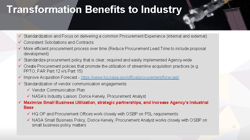 Transformation Benefits to Industry Standardization and Focus on delivering a common Procurement Experience (internal