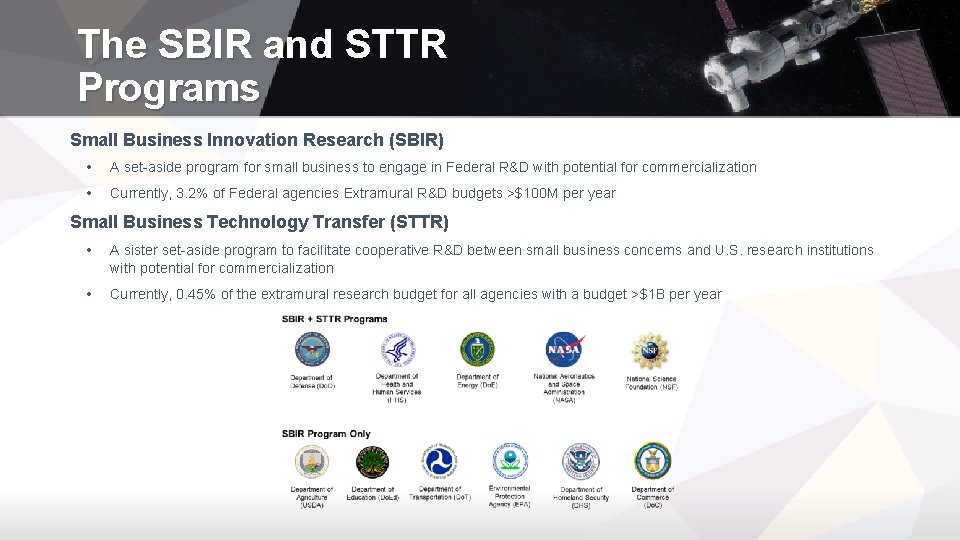 The SBIR and STTR Programs Small Business Innovation Research (SBIR) • A set-aside program