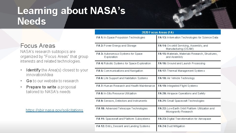 Learning about NASA’s Needs 2020 Focus Areas (FA) FA 1: In-Space Propulsion Technologies FA