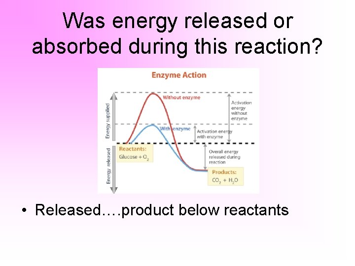 Was energy released or absorbed during this reaction? • Released…. product below reactants 