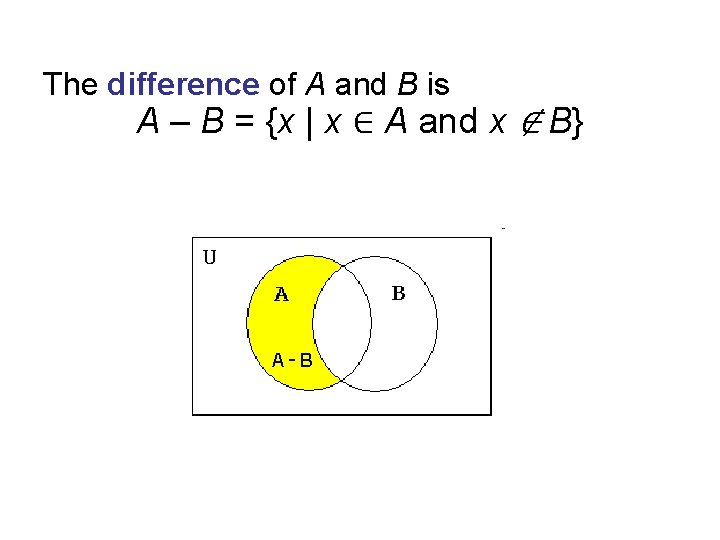 The difference of A and B is A – B = {x | x The difference of A and B is A – B = {x | x