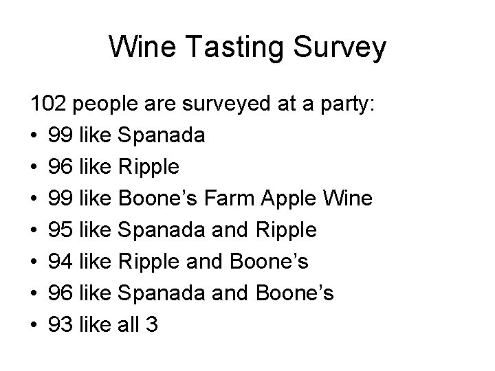 Wine Tasting Survey 102 people are surveyed at a party: • 99 like Spanada Wine Tasting Survey 102 people are surveyed at a party: • 99 like Spanada